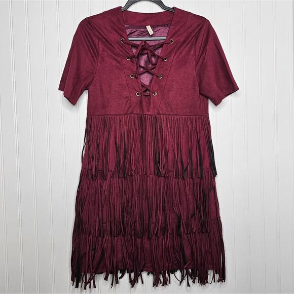 RAGA Faux Suede The Wild West Fringe Shift Dress Size Small Boho Western Cowgirl - Picture 2 of 6